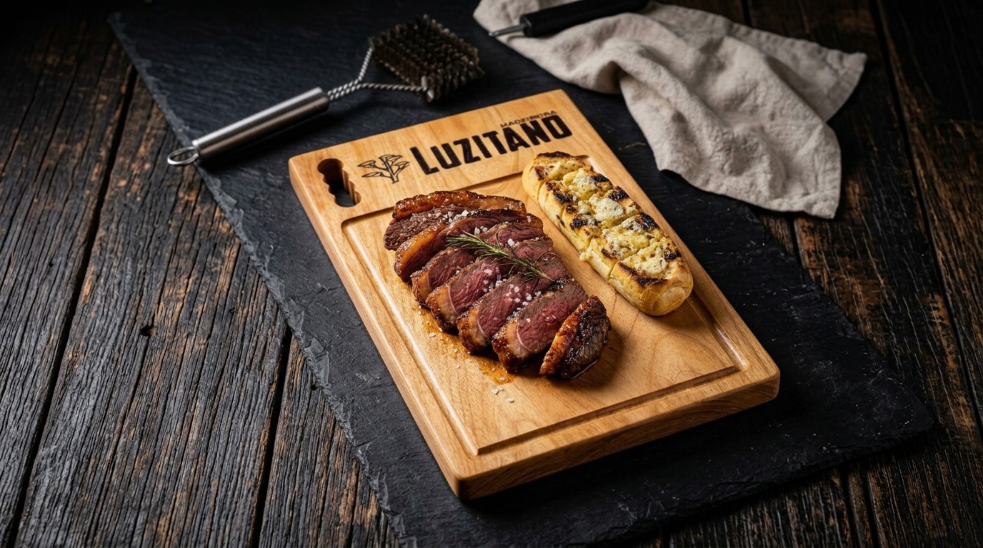 Picanha fatiada e pão de alho servidos sobre tábua Luzitano em madeira Tauari